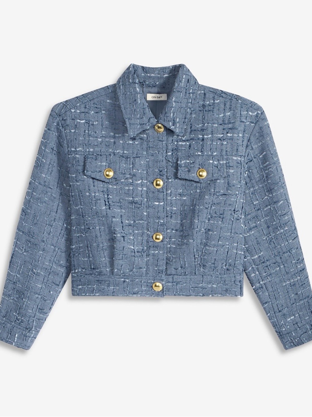 Cropped Blue Tweed Jacket with Gold Buttons